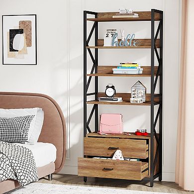 5 Tier Storage Bookcase With Two Drawers Metal Frame And Engineered Wood For Home Use