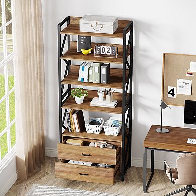5 Tier Storage Bookcase With Two Drawers Metal Frame And Engineered Wood For Home Use