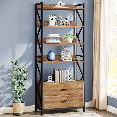 5 Tier Storage Bookcase With Two Drawers Metal Frame And Engineered Wood For Home Use