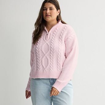 Juniors' Plus Size SO® Cable Quarter Zip Sweater