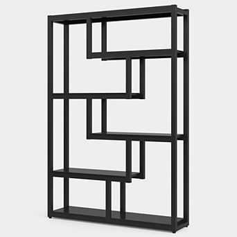 5 tier Industrial Etagere Bookshelf, Wood and Steel Open Display Storage Shelf