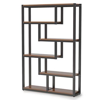 5 tier Industrial Etagere Bookshelf, Wood and Steel Open Display Storage Shelf