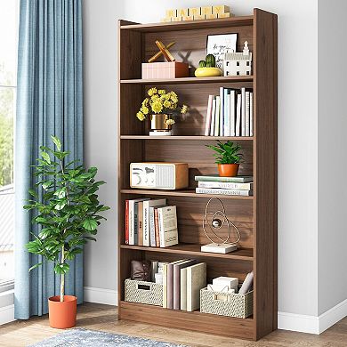 Tall Bookcase with Closed Back Panel, Deep Shelf Storage for Living Room
