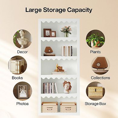 Open Bookcase 5 Shelf Tall Storage Unit with Scalloped Sides