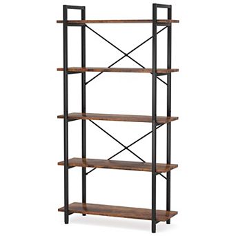 Industrial Open Bookshelf, 5 tier Wood and Metal Storage Shelf for Living Room or Office