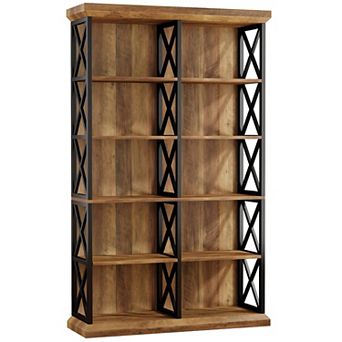 6 tier Bookshelf with Metal Frame Wide Wood Storage Shelves
