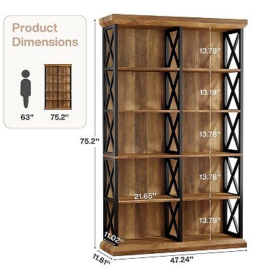 6 Tier Bookshelf with Metal Frame Wide Wood Storage Shelves