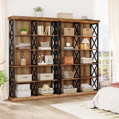 6 Tier Bookshelf with Metal Frame Wide Wood Storage Shelves