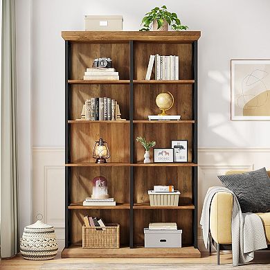 6 Tier Bookshelf with Metal Frame Wide Wood Storage Shelves