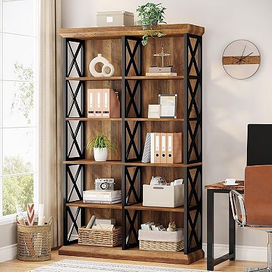 6 Tier Bookshelf with Metal Frame Wide Wood Storage Shelves