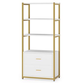 4 tier Bookshelf with Drawers, Metal Frame Storage Shelf for Home Office or Bedroom