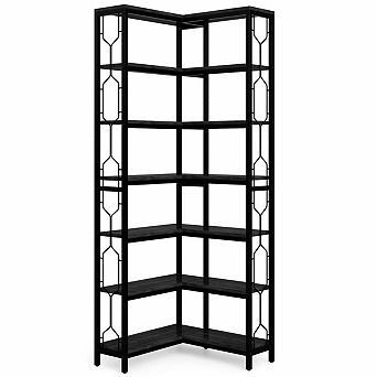 7 tier Corner Bookshelf Storage Rack with Metal Frame Side Railings and Open Shelves for Living Room