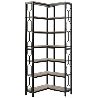 7 tier Corner Bookshelf Storage Rack with Metal Frame Side Railings and Open Shelves for Living Room