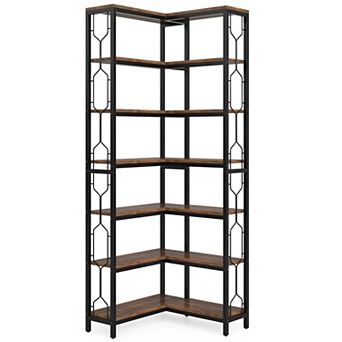 7 tier Corner Bookshelf Storage Rack with Metal Frame Side Railings and Open Shelves for Living Room