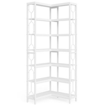 7 tier Corner Bookshelf Storage Rack with Metal Frame Side Railings and Open Shelves for Living Room