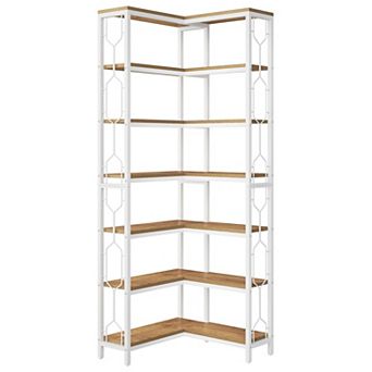 7 tier Corner Bookshelf Storage Rack with Metal Frame Side Railings and Open Shelves for Living Room