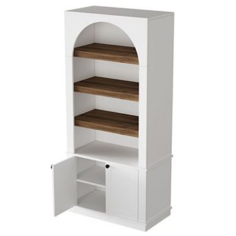 71 Inch Arched Bookcase White Wood 4 Open Shelves 2 Door Cabinet Storage Bookshelf