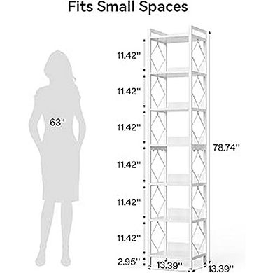 7 Tier Tall Narrow Corner Bookshelf Storage Rack with Open Shelves for Living Room Office