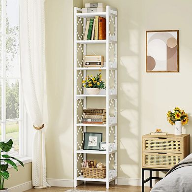 7 Tier Tall Narrow Corner Bookshelf Storage Rack with Open Shelves for Living Room Office