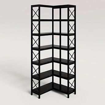 7 tier Corner Bookshelf 14 Shelf Storage Rack with Metal Frame and X Bar Support for Living Room