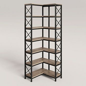 7 tier Corner Bookshelf 14 Shelf Storage Rack with Metal Frame and X Bar Support for Living Room