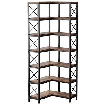 7 tier Corner Bookshelf 14 Shelf Storage Rack with Metal Frame and X Bar Support for Living Room