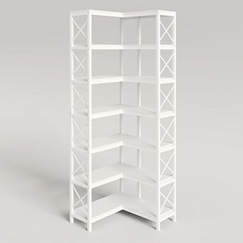7 tier Corner Bookshelf 14 Shelf Storage Rack with Metal Frame and X Bar Support for Living Room