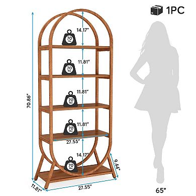 Modern 5-Tier Open Bookcase with Curved Top and Metal Frame Design