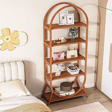 Modern 5-Tier Open Bookcase with Curved Top and Metal Frame Design