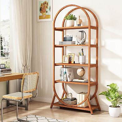 Modern 5-Tier Open Bookcase with Curved Top and Metal Frame Design