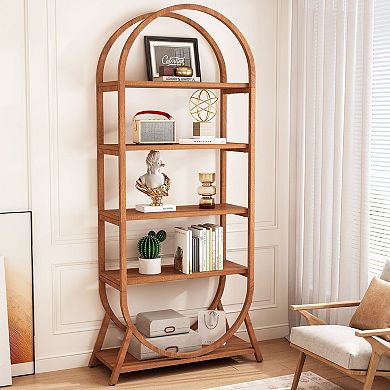 Modern 5-Tier Open Bookcase with Curved Top and Metal Frame Design