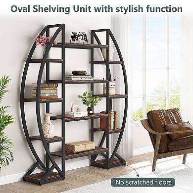 3-Tier Oval Bookcase Modern Metal Frame Wood Look Storage Rack