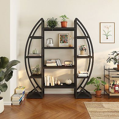 3-Tier Oval Bookcase Modern Metal Frame Wood Look Storage Rack