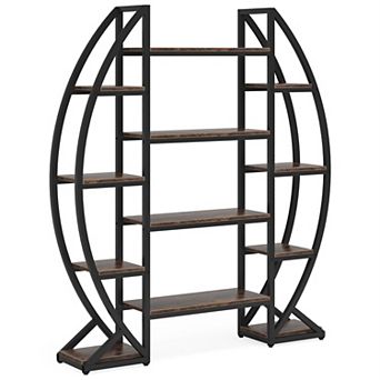 3 tier Oval Bookcase Modern Metal Frame Wood Look Storage Rack