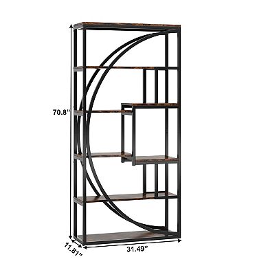 Tall 6-Tier Bookcase 8 Open Shelves Wood Look Metal Frame Display Rack