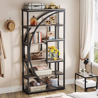 Tall 6-Tier Bookcase 8 Open Shelves Wood Look Metal Frame Display Rack