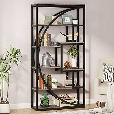 Tall 6-Tier Bookcase 8 Open Shelves Wood Look Metal Frame Display Rack