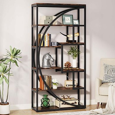 Tall 6-Tier Bookcase 8 Open Shelves Wood Look Metal Frame Display Rack