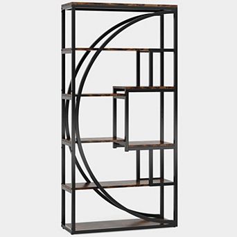 Tall 6 tier Bookcase 8 Open Shelves Wood Look Metal Frame Display Rack