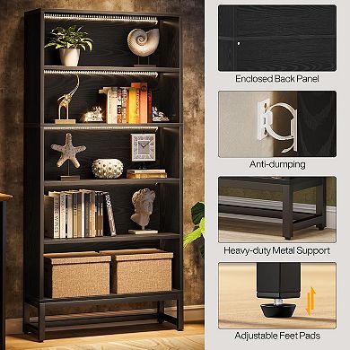 Tall 5-Tier Bookshelf with LED Lighting APP Controlled Display Storage Rack