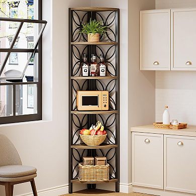 6 Tier Corner Bookshelf Narrow Storage Rack with Metal Frame and Open Shelves