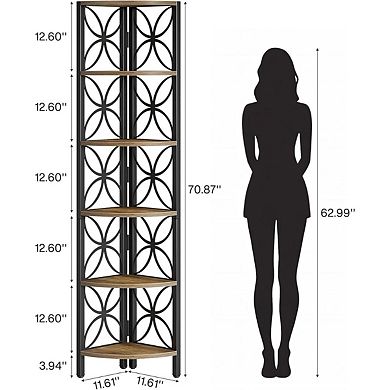 6 Tier Corner Bookshelf Narrow Storage Rack with Metal Frame and Open Shelves