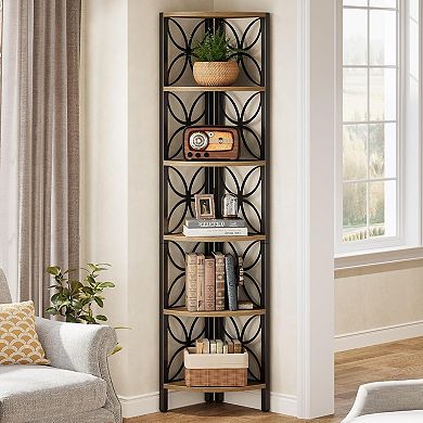 6 Tier Corner Bookshelf Narrow Storage Rack with Metal Frame and Open Shelves
