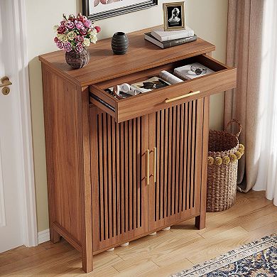 5 Tier Shoe Cabinet with Louvered Doors Drawer and Adjustable Shelves Entryway Storage Organizer