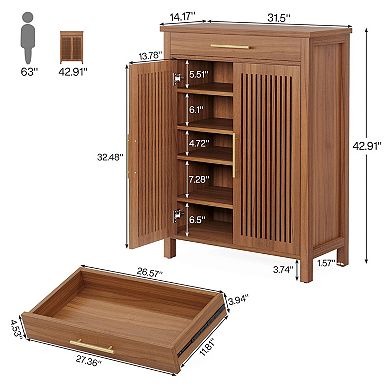 5 Tier Shoe Cabinet with Louvered Doors Drawer and Adjustable Shelves Entryway Storage Organizer