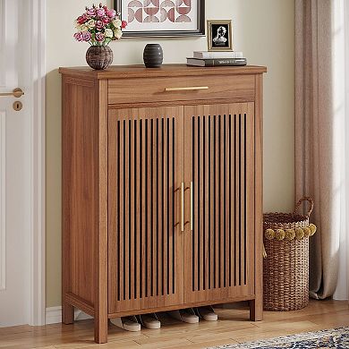 5 Tier Shoe Cabinet with Louvered Doors Drawer and Adjustable Shelves Entryway Storage Organizer