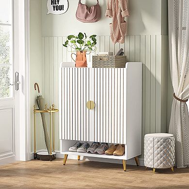 7 Tier Shoe Cabinet Storage Organizer with Adjustable Shelves and Swing Doors for Entryway