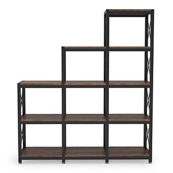 Stair Step L Shaped Bookcase 12 Shelf Storage Organizer with Metal Frame and Open Cubes