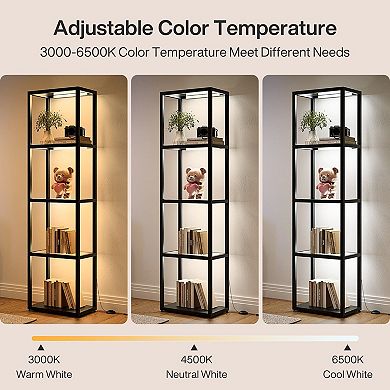 4 Tier Glass Bookshelf with LED Light Display Shelf with Remote Control for Home Office