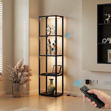 4 Tier Glass Bookshelf with LED Light Display Shelf with Remote Control for Home Office